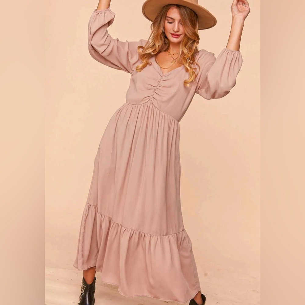 Women's Blush Long Sleeve Tiered Maxi Dress